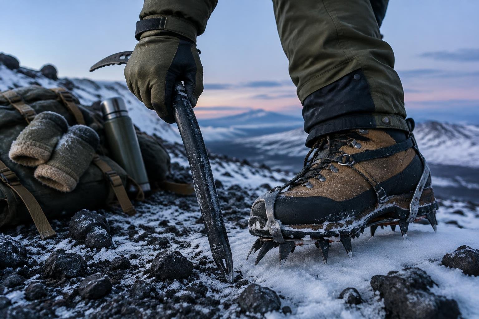 Gloved hands gripping an ice axe beside crampon-clad boots on frosted volcanic gravel