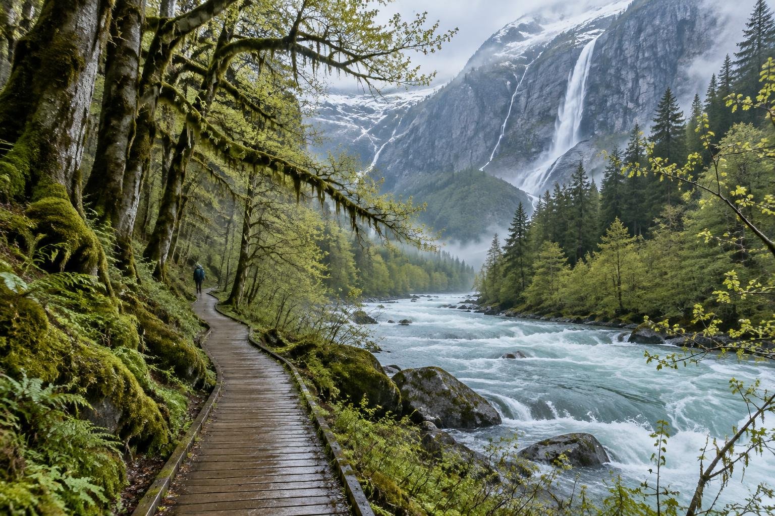 Wide view of a mossy rainforest valley with a swollen river and fresh pale green growth in early summer