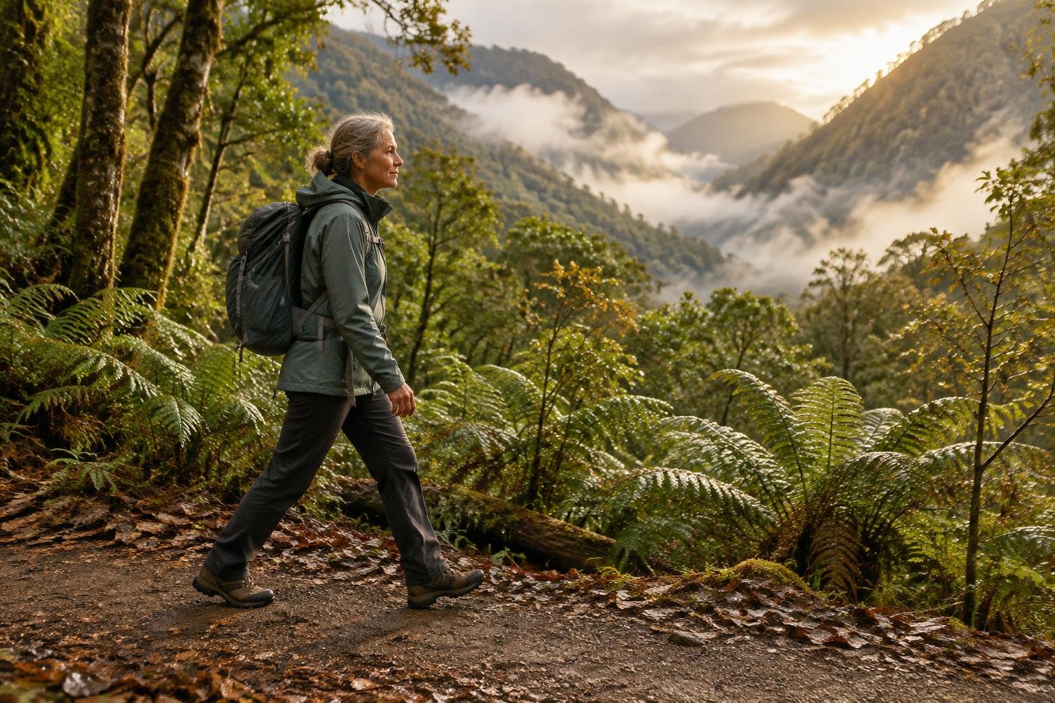 A hiker in a rain jacket walking across a wet gravel track under golden autumn light and low cloud