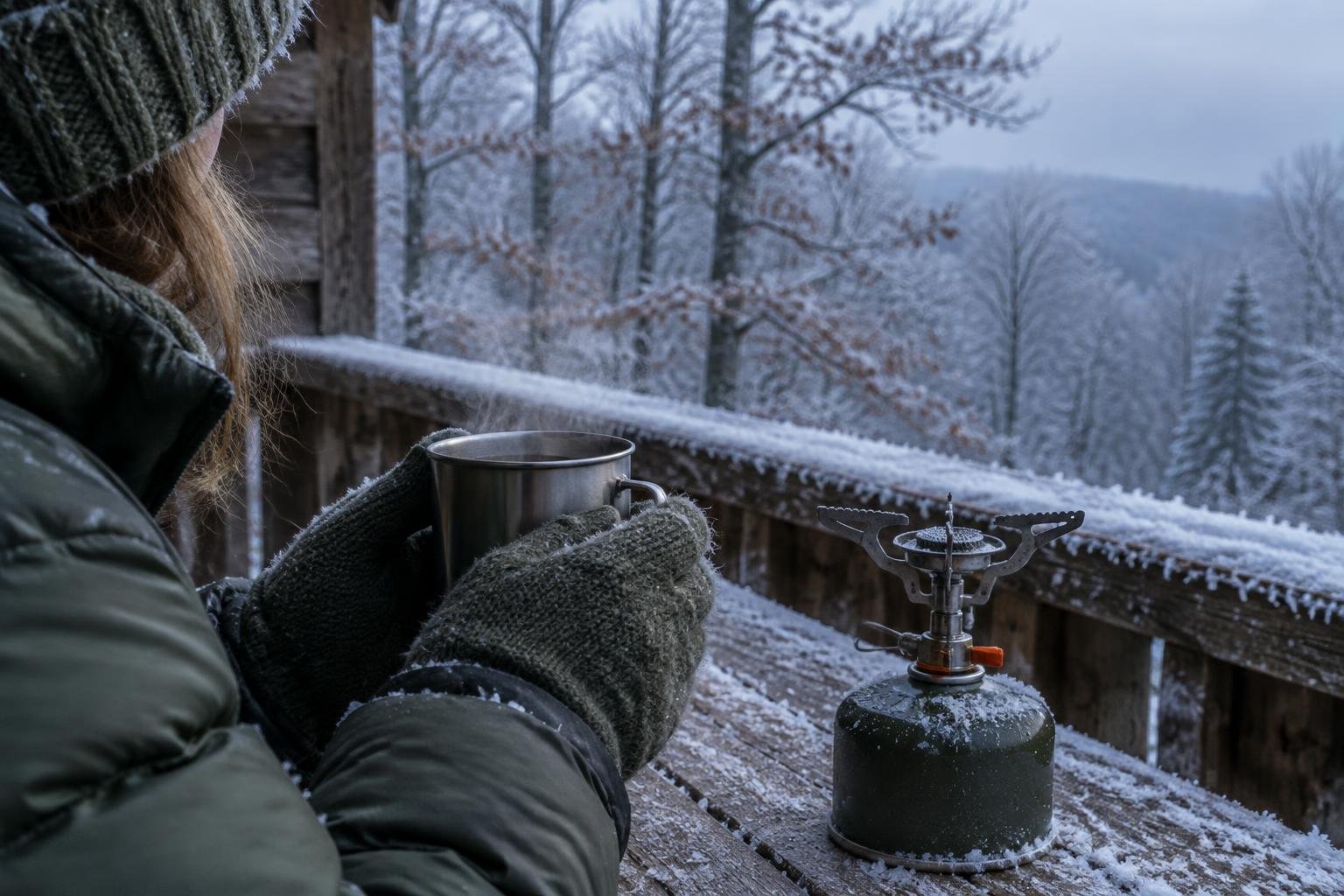 Gloved hands holding a hot mug beside a canister stove with frost and snow on the surrounding ground