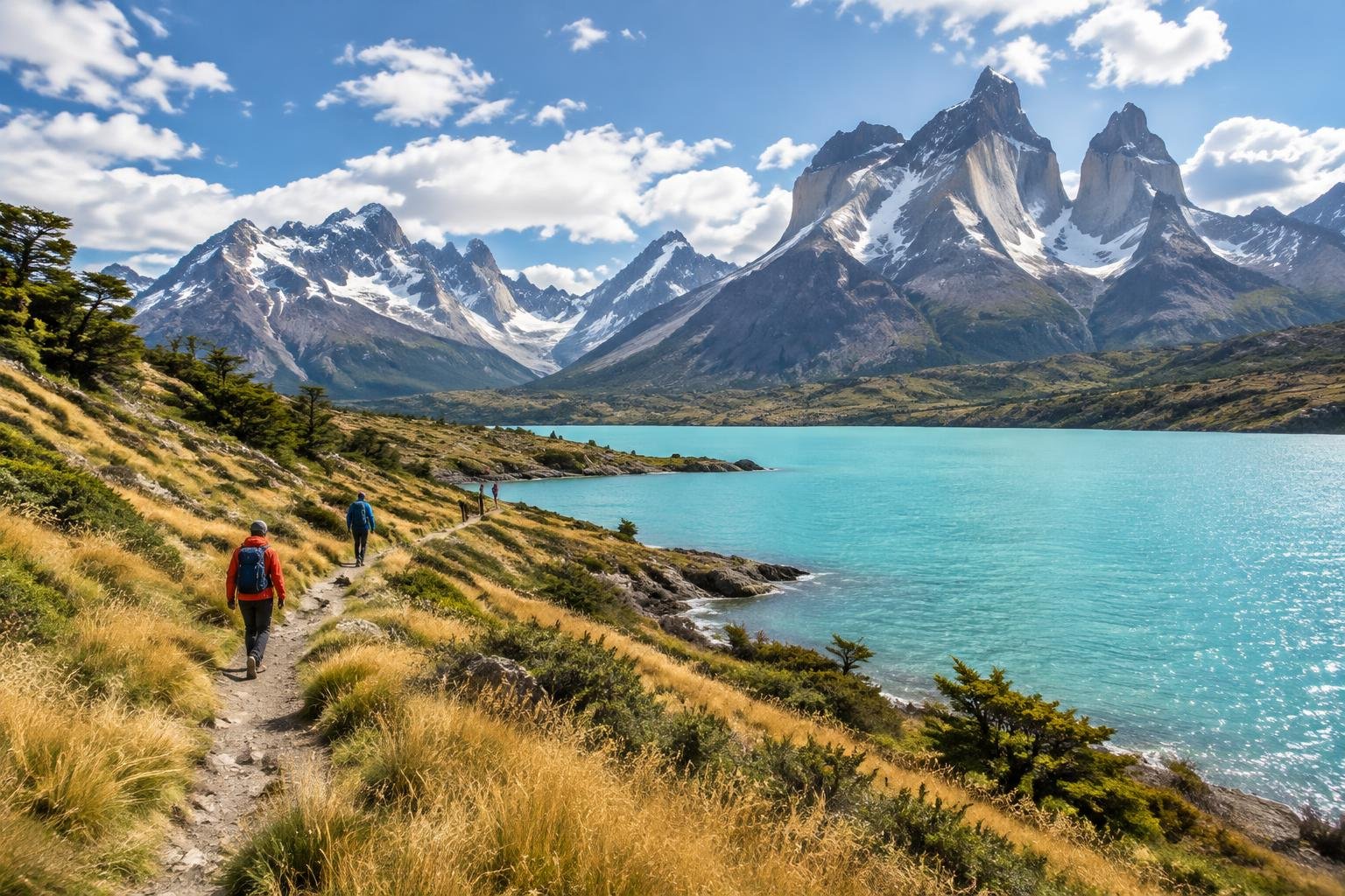 Long summer daylight over a glacial lake with jagged granite peaks and a narrow trail along the shore