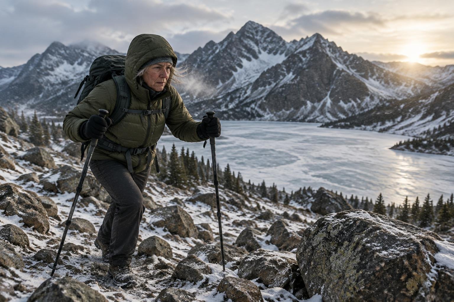 A hiker leaning into strong winter wind on a snow-dusted moraine path under low pale sun