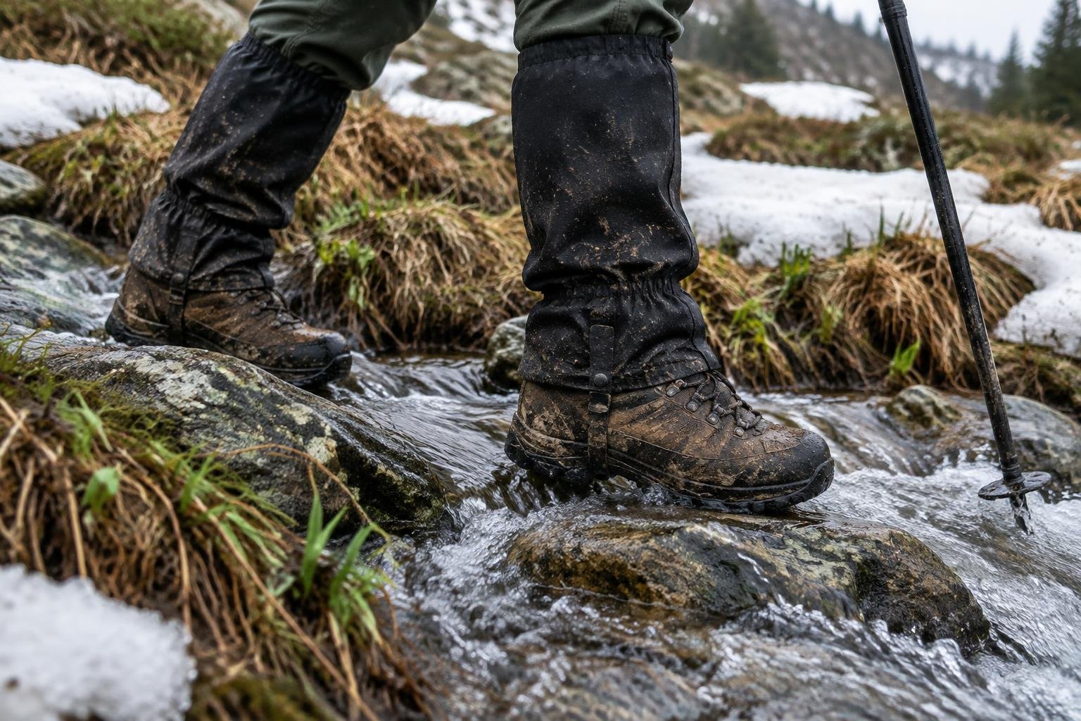 Muddy boots and gaiters stepping over melting snow and new green shoots beside a trickling stream