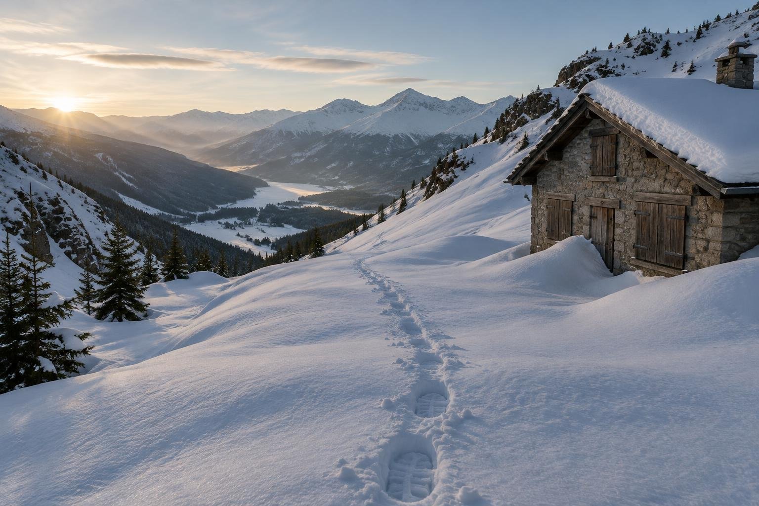 Snow-covered alpine pass above a quiet valley under pale winter light, a single set of tracks crossing the col