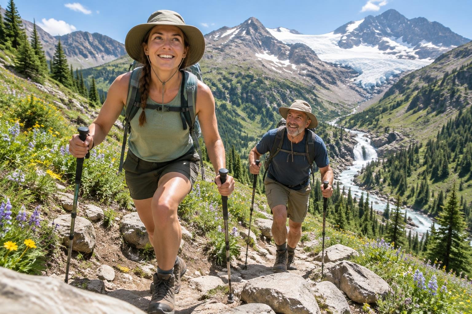 Two hikers in sunshine and shorts climbing rocky switchbacks toward a pass with lush meadows below