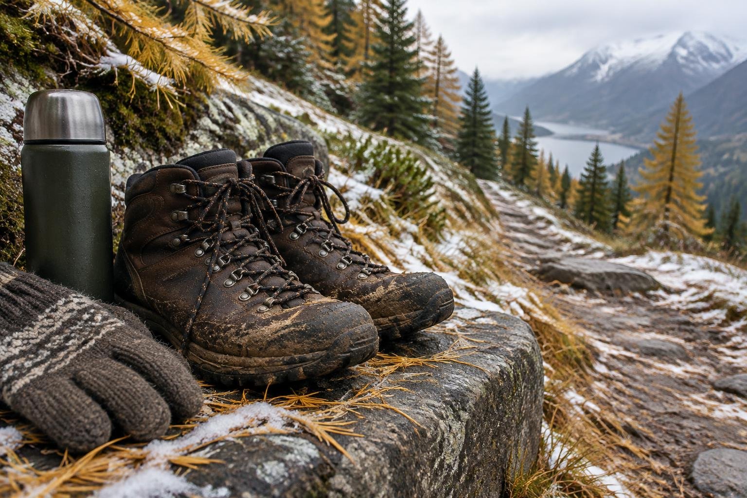 Hiking boots and a dusting of fresh snow on golden larch needles beside a worn mountain path