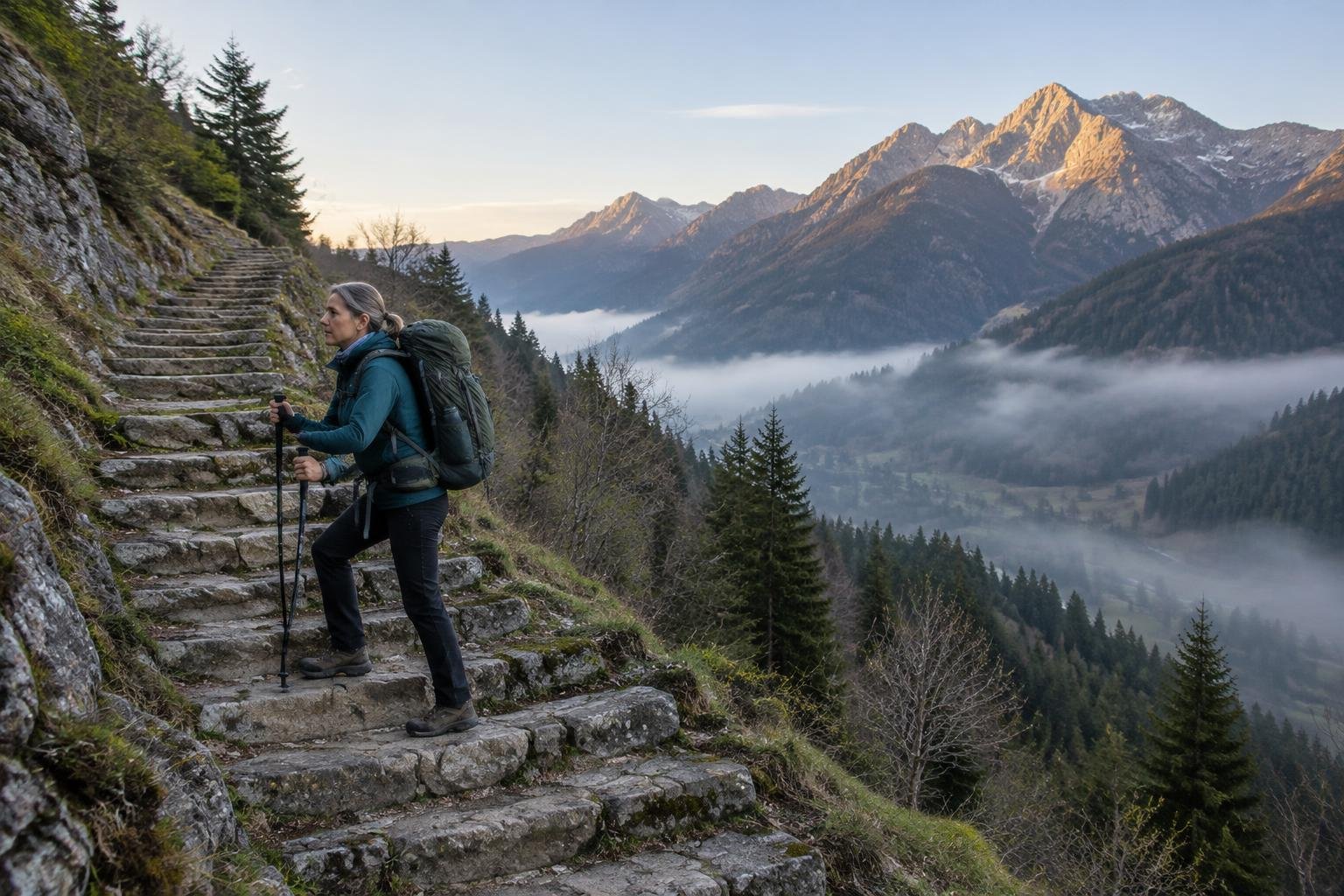 Woman in her fifties climbing a long outdoor stone staircase on a hillside with a loaded daypack at dawn