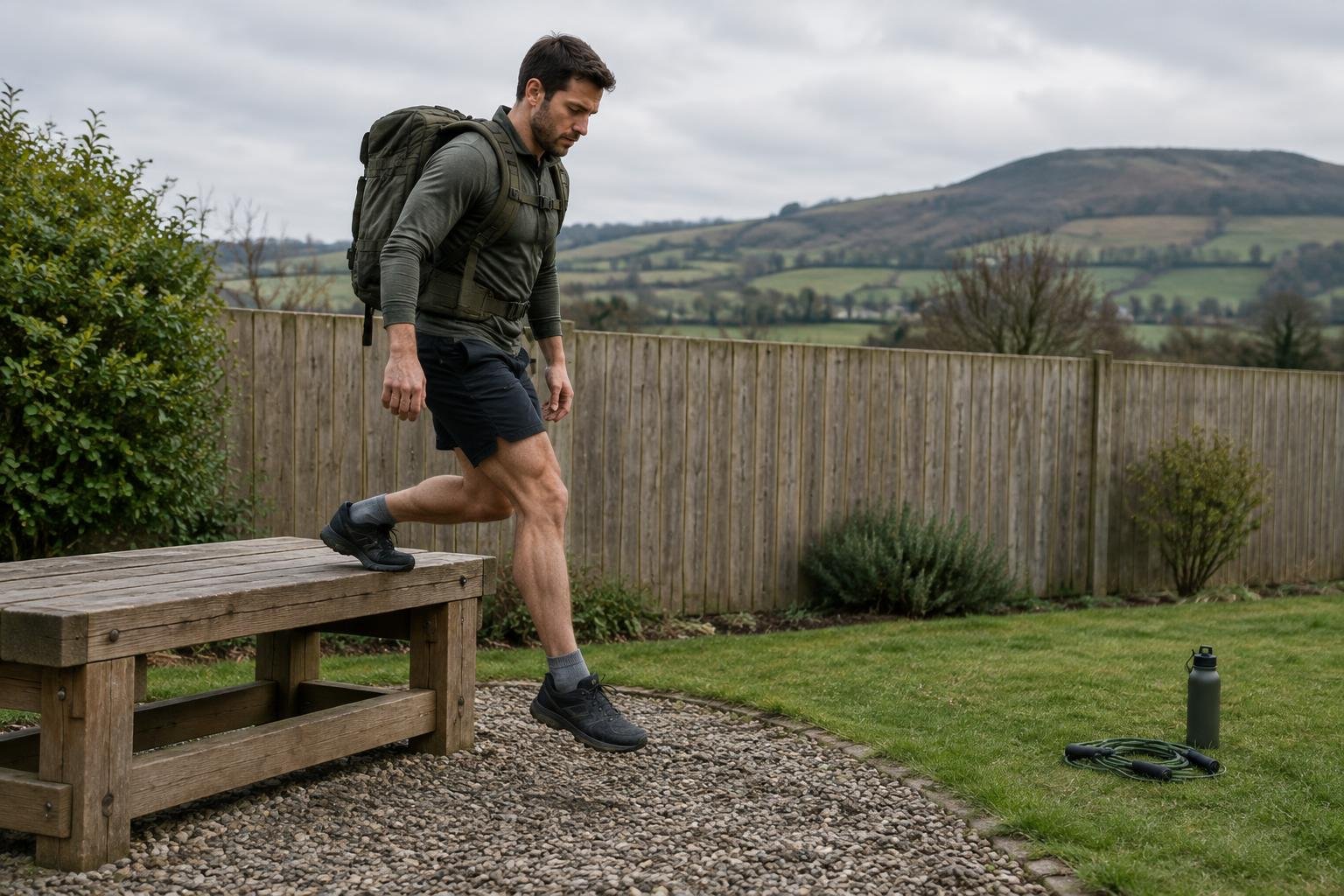 Man doing slow step-down exercises from a sturdy wooden bench in a garden with a weighted pack