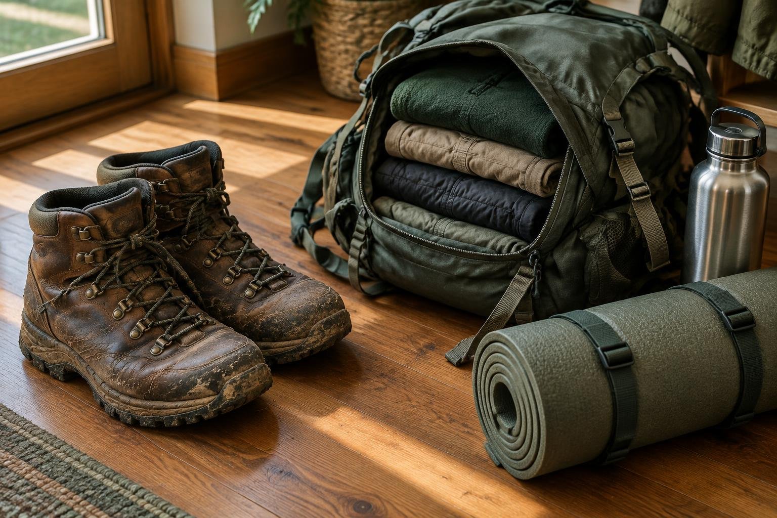 Well-worn leather hiking boots and a half-packed training backpack on a hallway floor