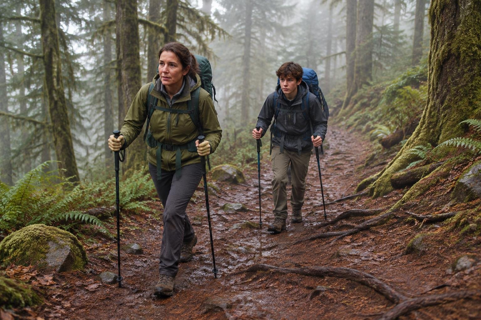Two hikers with loaded daypacks climbing a muddy forest track on a damp hillside near home