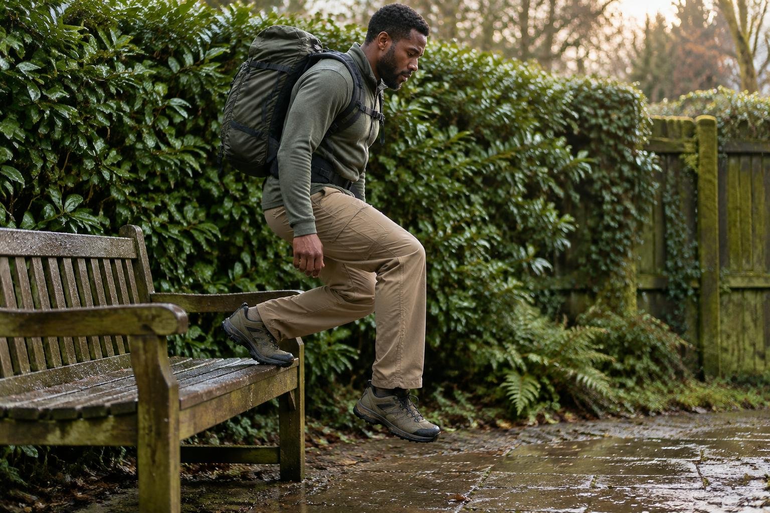 Man in his thirties doing slow step-downs from a wooden bench in a garden with a loaded pack