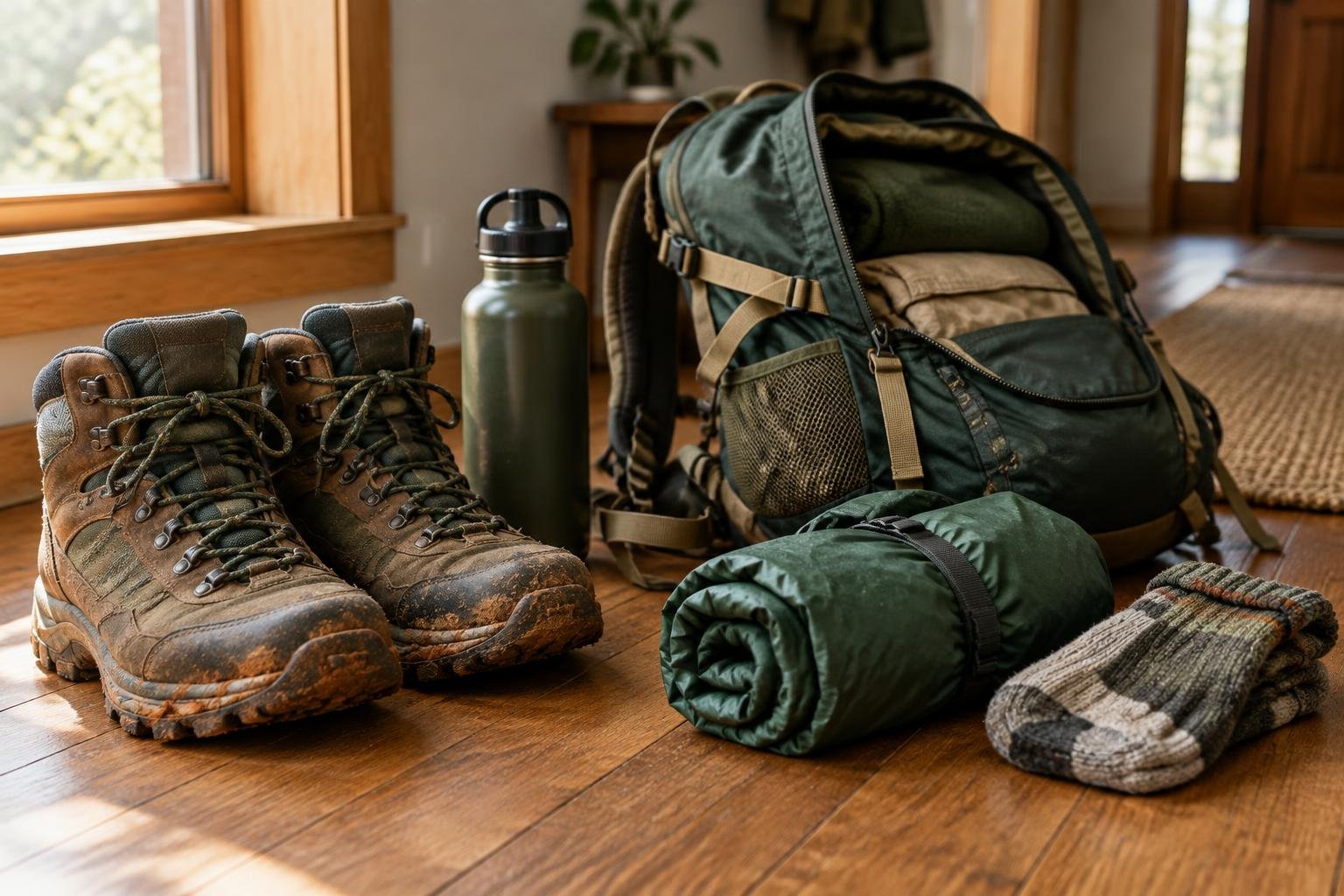 Worn leather hiking boots with dried red mud beside a half-packed training pack on a hallway floor