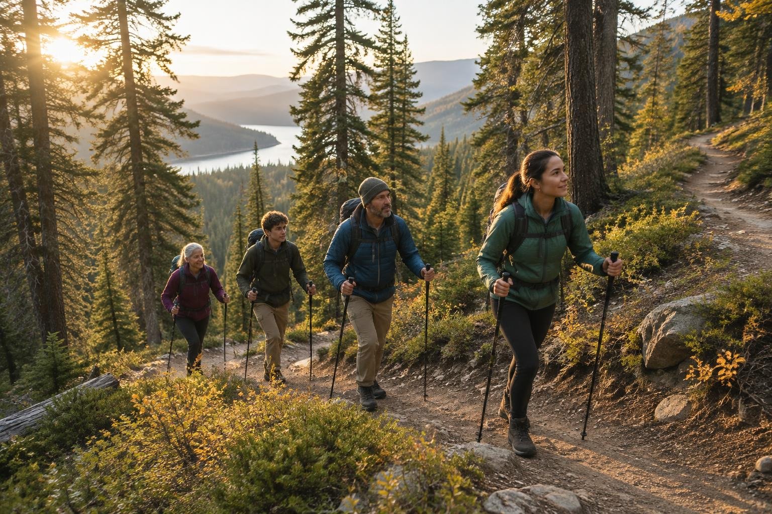 Group of hikers climbing a steep forested hillside in cool morning light