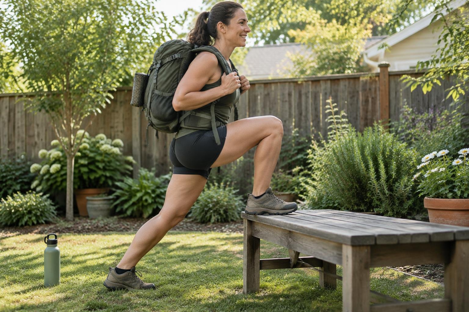 Woman doing step-ups on a wooden bench in a sunny backyard wearing a loaded pack