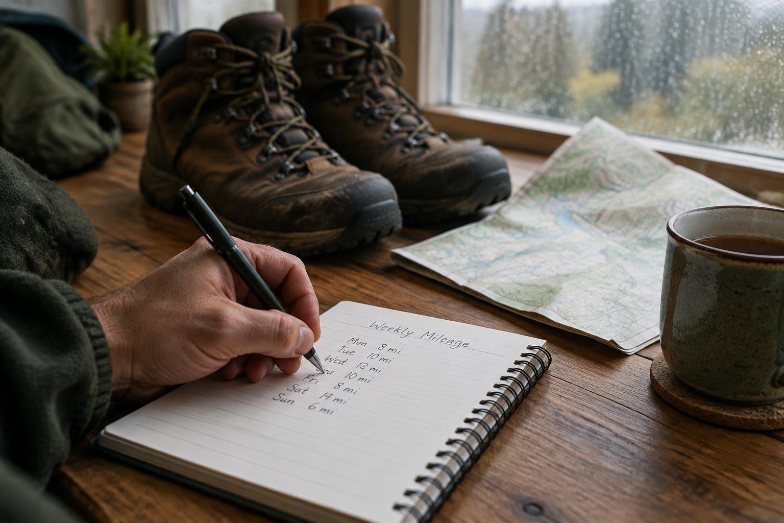 Hand marking a weekly training schedule in a notebook beside worn hiking boots