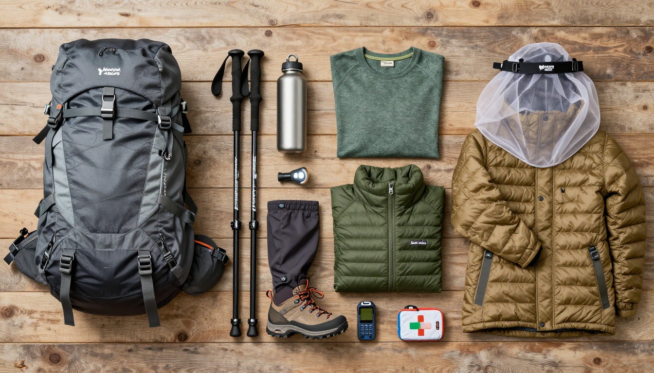 Flat-lay illustration of a complete adirondack high peaks setup kit