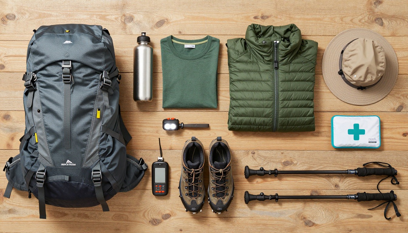 Flat-lay illustration of a complete alpine & above-treeline setup kit