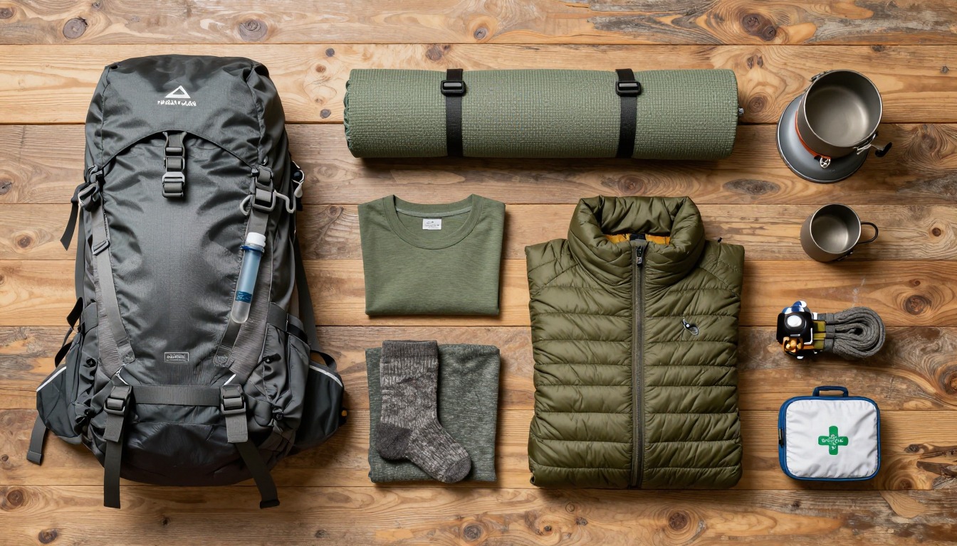 Flat-lay illustration of a complete appalachian trail section-hike setup kit