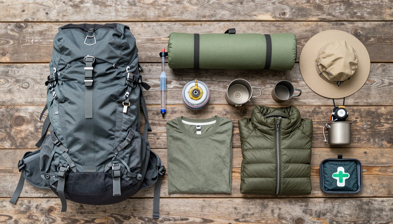 Flat-lay illustration of a complete backcountry fishing backpacking setup kit