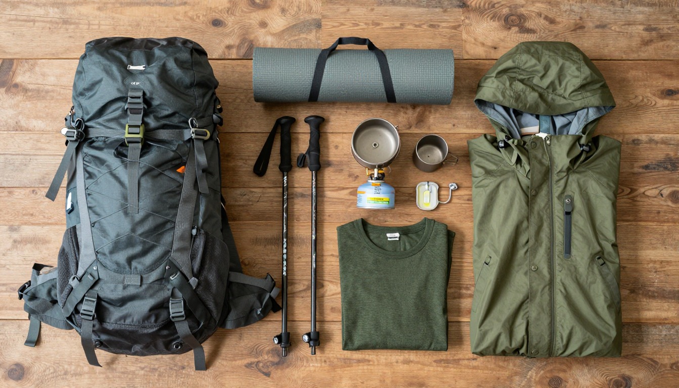 Flat-lay illustration of a complete backpacking-with-your-dog setup kit