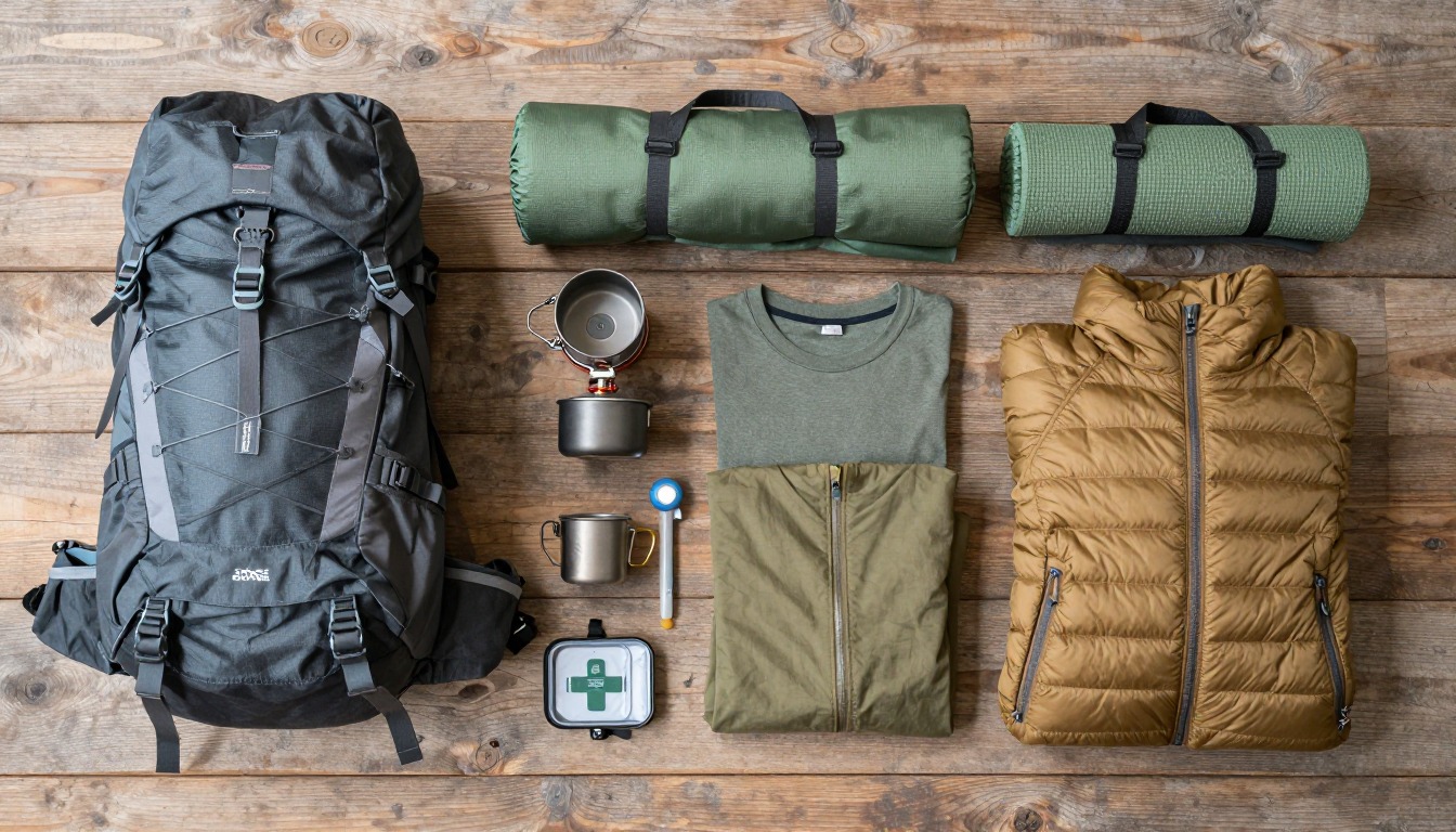 Flat-lay illustration of a complete base-camp backpacking setup kit