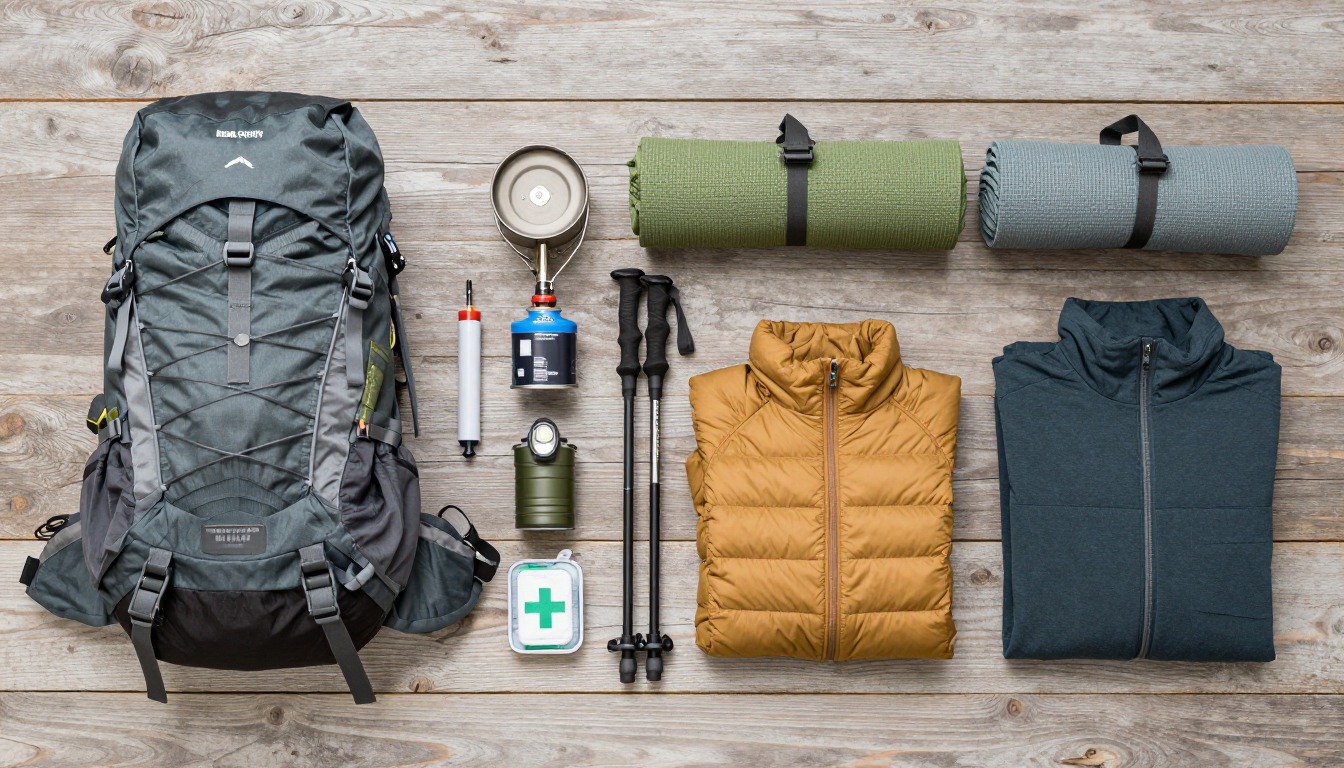 Flat-lay illustration of a complete bear-country backpacking setup kit