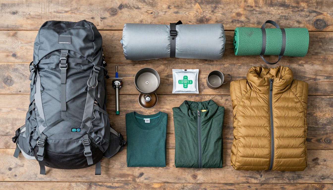 Flat-lay illustration of a complete beginner backpacking starter kit kit