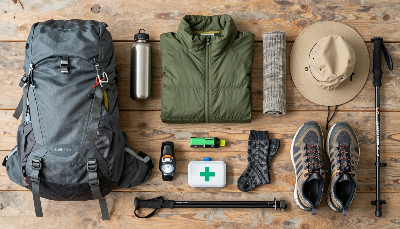 Flat-lay illustration of a complete beginner day hike starter kit kit