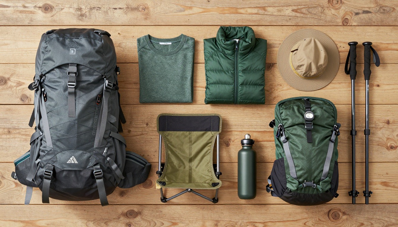 Flat-lay illustration of a complete birdwatching hike setup kit