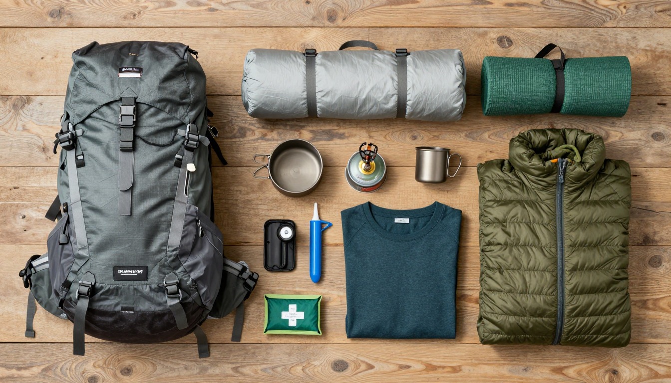 Flat-lay illustration of a complete budget backpacking setup kit