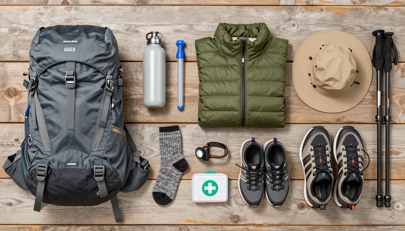 Flat-lay illustration of a complete budget day hike setup kit
