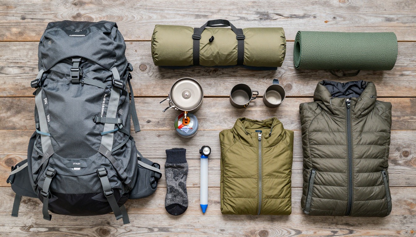 Flat-lay illustration of a complete budget ultralight setup kit