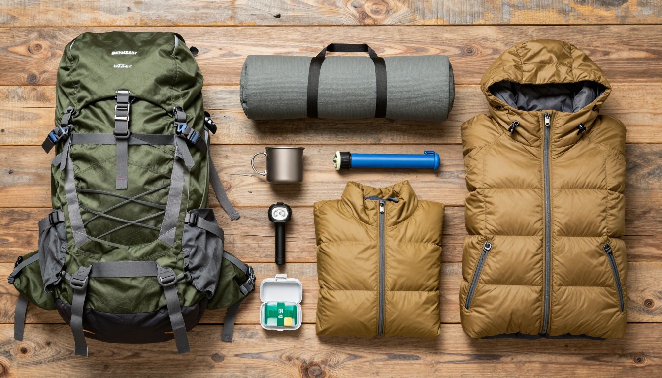 Flat-lay illustration of a complete bushcraft & primitive camping setup kit