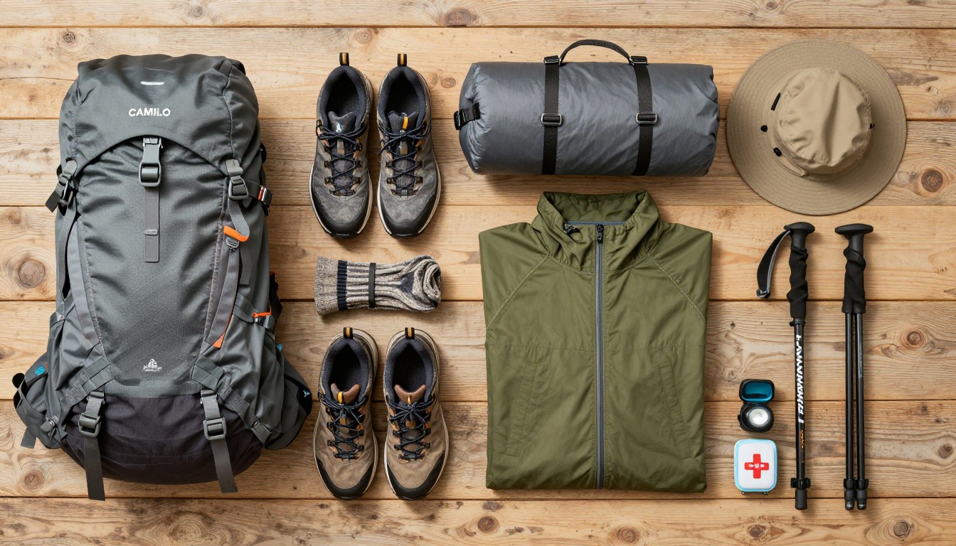 Flat-lay illustration of a complete camino de santiago setup kit