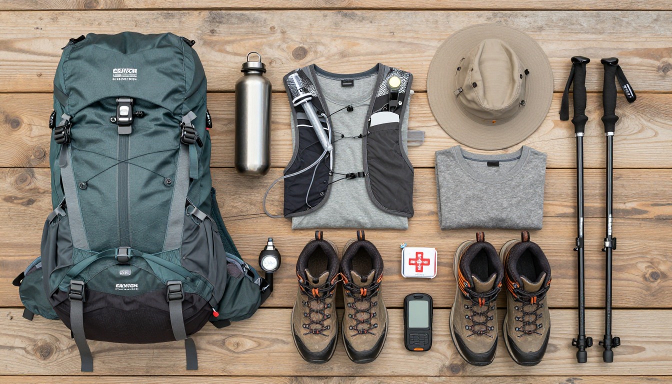Flat-lay illustration of a complete canyon day hike setup kit