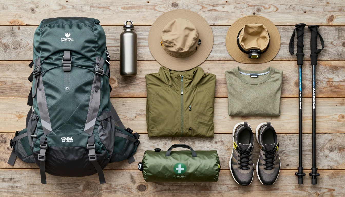 Flat-lay illustration of a complete coastal & beach hike setup kit