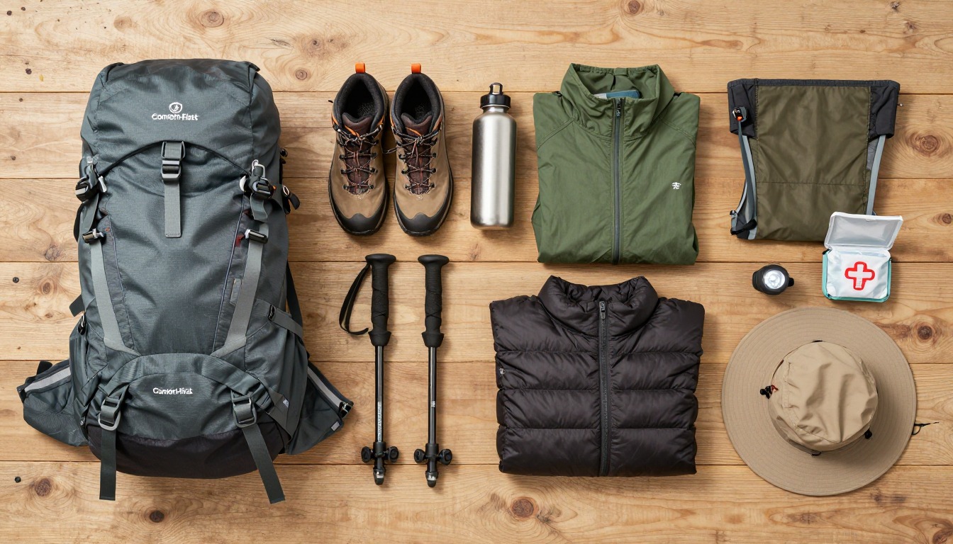 Flat-lay illustration of a complete comfort-first hiking setup kit