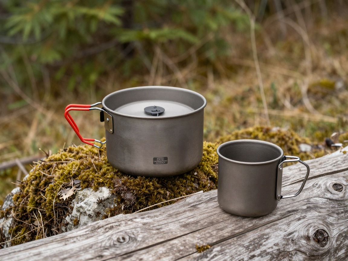 Illustration of a titanium backpacking cook pot and mug