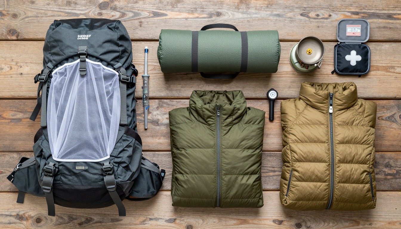 Flat-lay illustration of a complete cowboy camping (no tent) setup kit