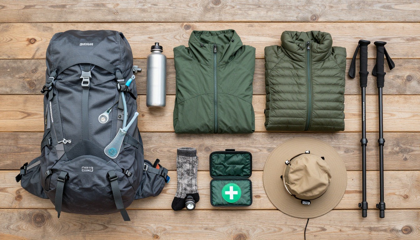 Flat-lay illustration of a complete day hike packing list kit