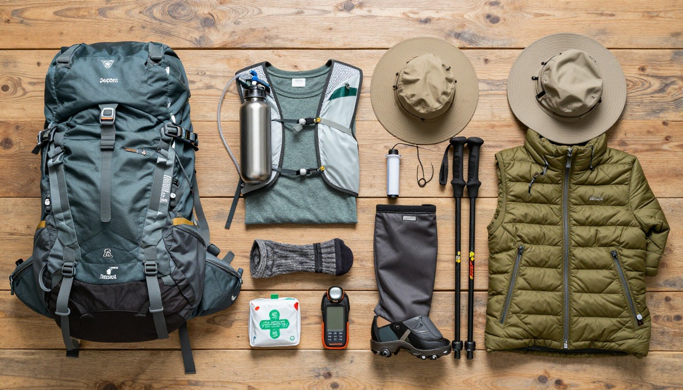 Flat-lay illustration of a complete desert hiking setup kit