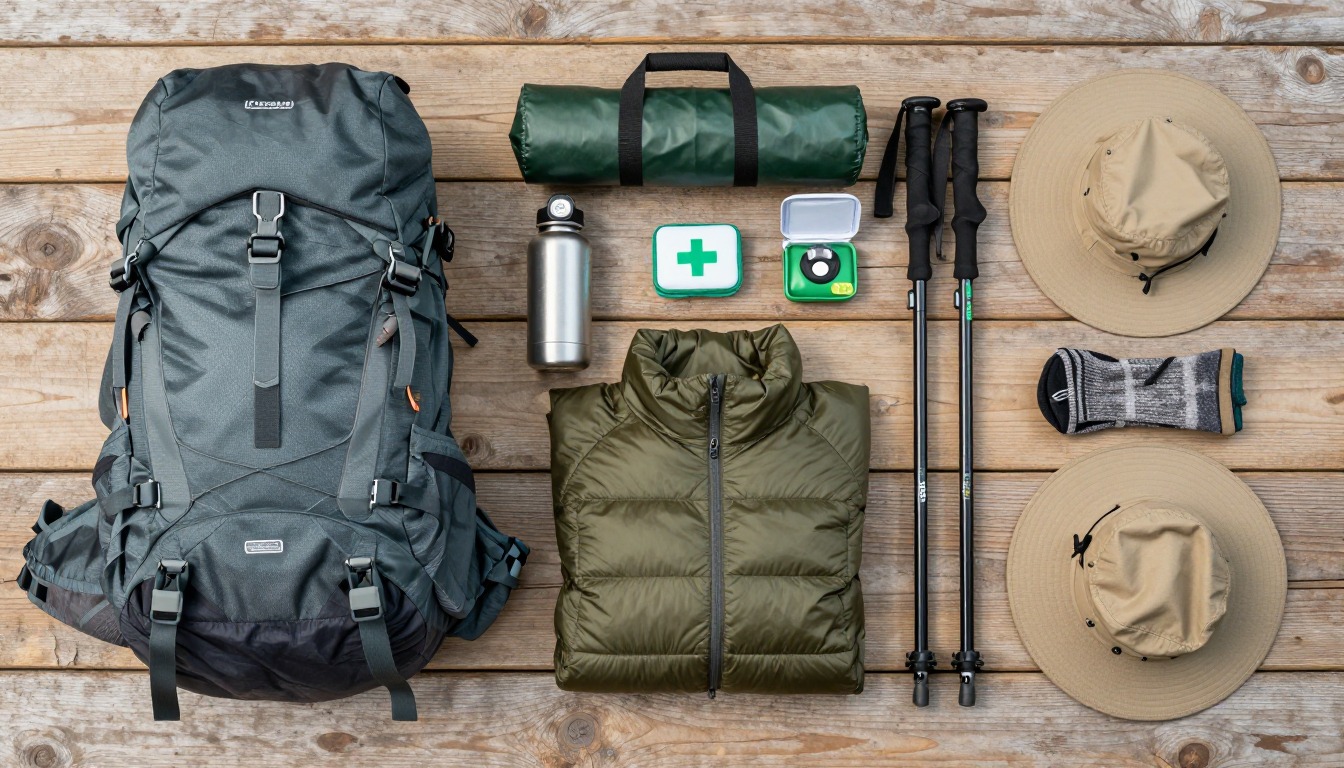 Flat-lay illustration of a complete digital-nomad hiking setup kit
