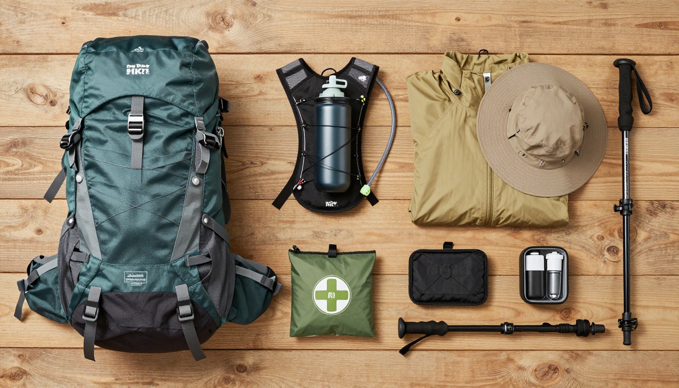 Flat-lay illustration of a complete dog day hike setup kit
