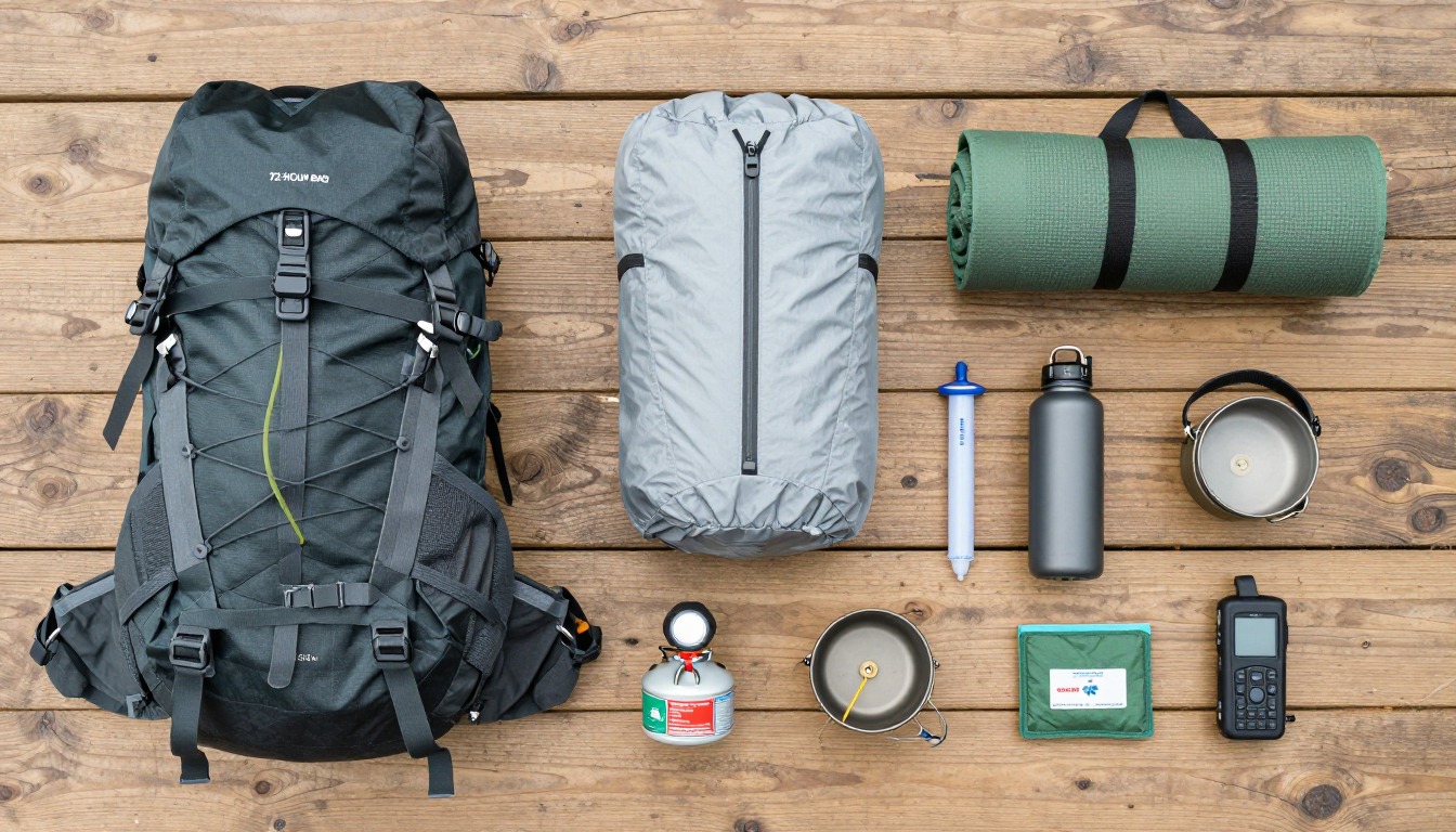 Flat-lay illustration of a complete emergency 72-hour hiking bag setup kit