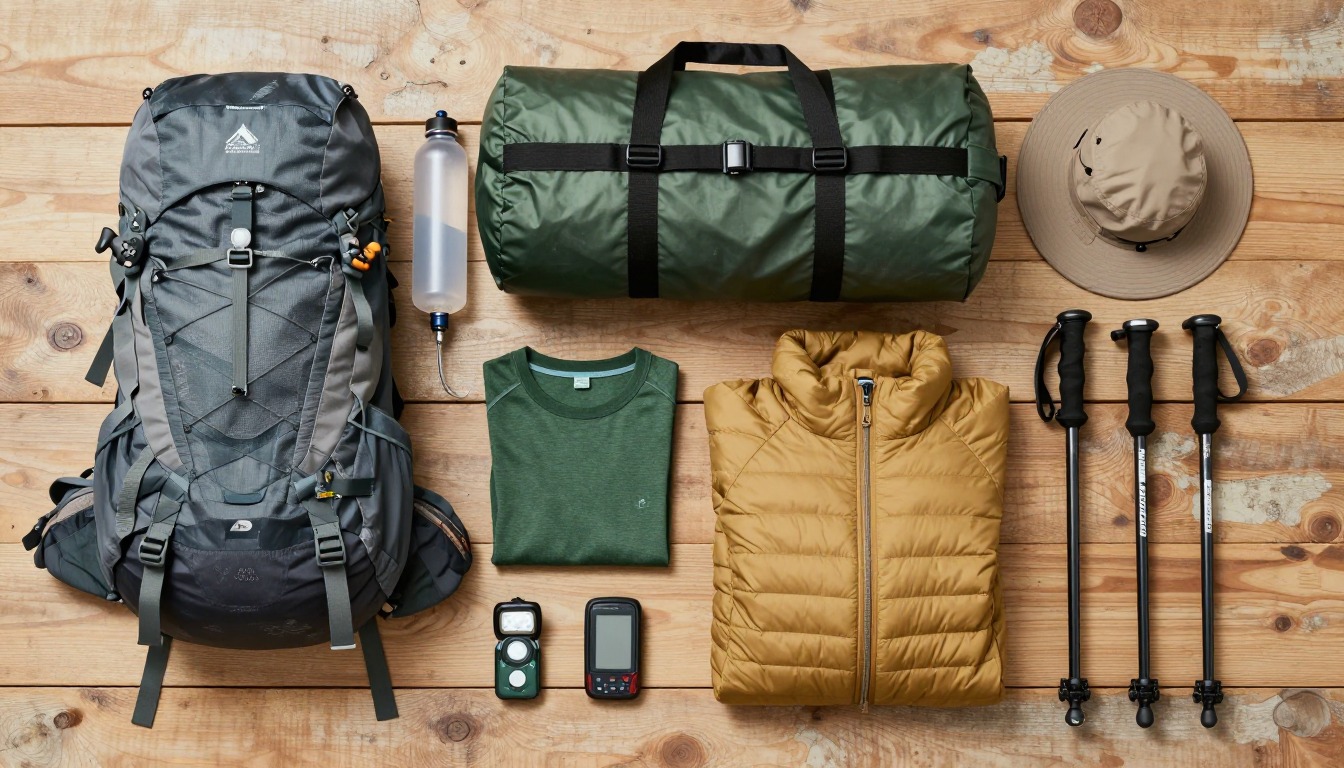 Flat-lay illustration of a complete everest base camp trek setup kit