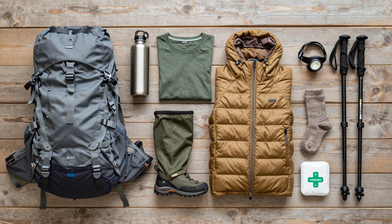 Flat-lay illustration of a complete fall foliage day hike setup kit