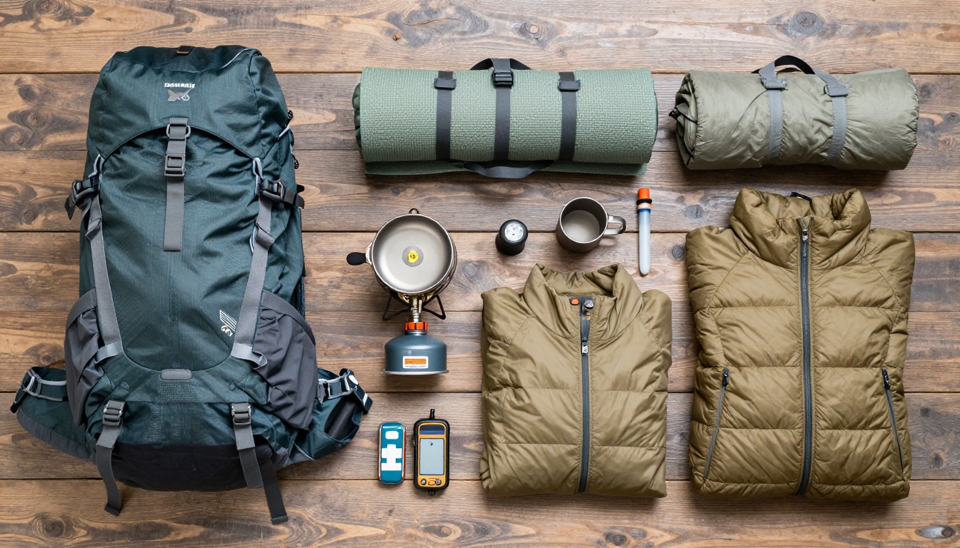 Flat-lay illustration of a complete family backpacking setup (with kids) kit