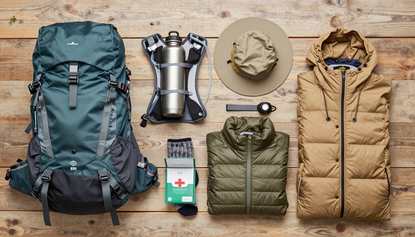 Flat-lay illustration of a complete family day hike setup (with kids) kit