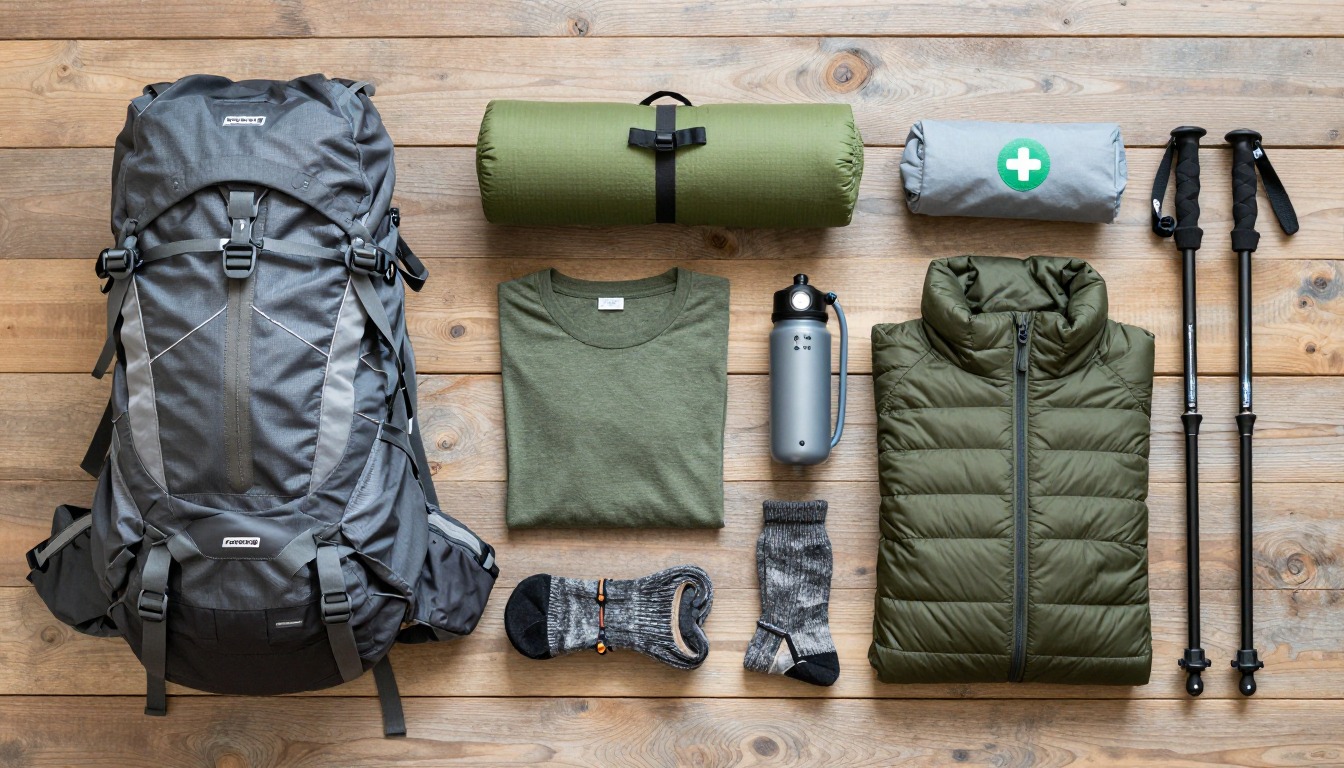 Flat-lay illustration of a complete fastpacking setup kit