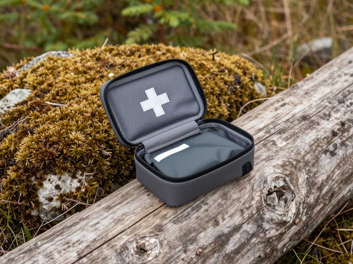 Illustration of a small hiking first-aid kit, open